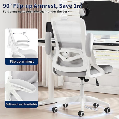 Ergonomic Office Chair, Desk Chair with Adjustable Lumbar Support, Breathable Mesh Comfy Computer Chairs with Flip-up Armrests Executive Task Chair for Adults Home Office(Gray)
