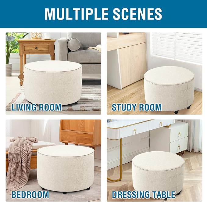 H.VERSAILTEX Ottoman Cover Round Thick Linen Look Ottoman Slipcover Round Ottoman Storage Cover Folding Stool Covers Furniture Protector Cover for Footrest Ottoman Fit Dia 24" - 26", Heather Ivory