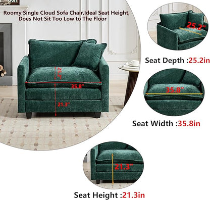 Aoowow Chenille Upholstered Accent Chair Oversized,Fluffy Single Cloud Sofa Chairs with Deep Seat,Modern Large Reading Arm Chair with Throw Pillow for Living Room,Bedroom (Green, Single Sofa Chair)
