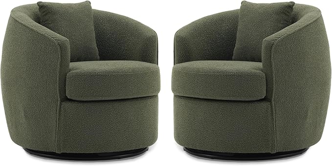 Swivel Accent Chair Set of 2, Modern Upholstered Boucle Barrel Arm Chairs with Pillow for Living Room, 360 Degree Round Swivel Sherpa Armchair with Round Base for Bedroom Club (2, Green)