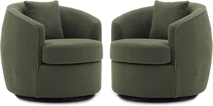 Swivel Accent Chair Set of 2, Modern Upholstered Boucle Barrel Arm Chairs with Pillow for Living Room, 360 Degree Round Swivel Sherpa Armchair with Round Base for Bedroom Club (2, Green)