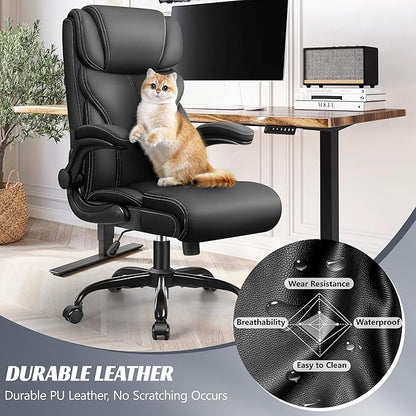 Office Chair, Ergonomic Big and Tall Computer Desk Chairs, Executive Breathable Leather Chair with Adjustable Flip-up Armrests, Lumbar Support Swivel PC Chair with Rocking Function