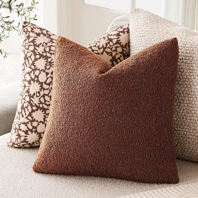 Foindtower Set of 2, Decorative Textured Boucle Throw Pillow Covers Accent Solid Pillow Cases Neutral Soft Cozy Couch Cushion Case for Chair Sofa Bedroom Living Room Home Decor 16x16 Inch Red Taupe