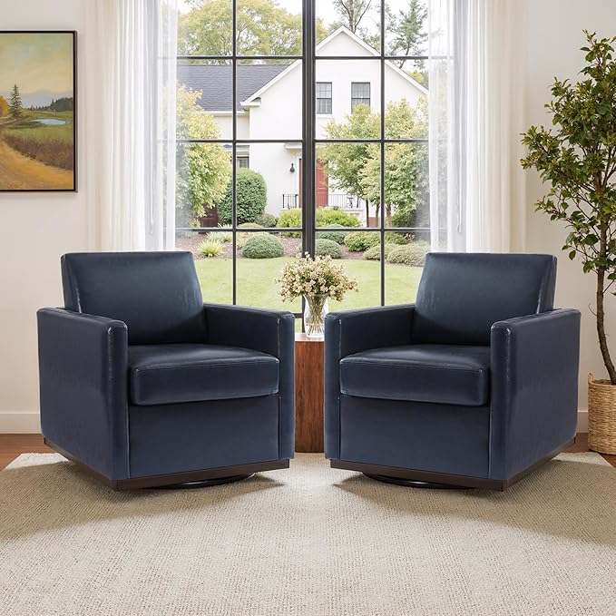 UIXE PU Leather Swivel Accent Chairs Set of 2, Upholstered Armchair Comfy Club Chair for Living Room, Mid Century Modern Arm Chair Single Sofa Nook Bedroom Side Reading Seat - Navy Blue