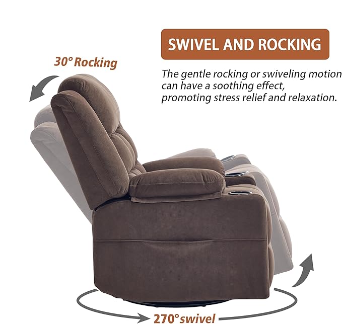 Swivel Rocker Recliner Chair for Adults with Massage and Heat, Cup Holders and Side Pockets, Glider Rocking Reclining Single Sofa Chair for Living Room (Cocoa)