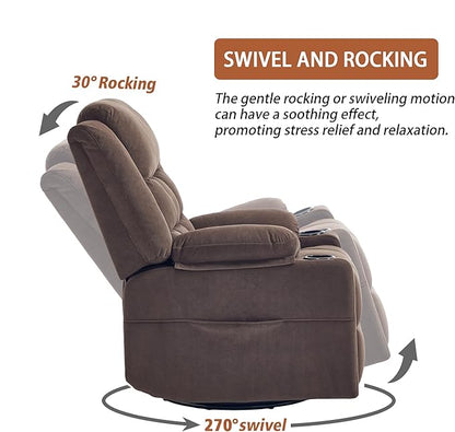 Swivel Rocker Recliner Chair for Adults with Massage and Heat, Cup Holders and Side Pockets, Glider Rocking Reclining Single Sofa Chair for Living Room (Cocoa)