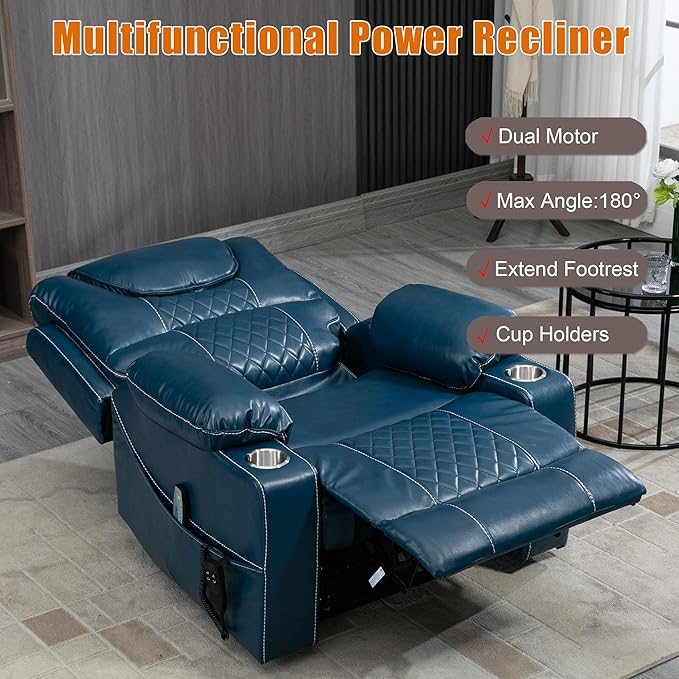 Large Power Lift Recliner Chair Sofa with Massage and Heat for Big and Tall Elderly,Infinite Positions,Dual Motor,Cup Holders,Air Leather Home Theater Seat