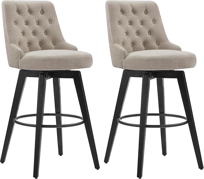 Watson & Whitely Bar Stools, 360° Swivel Upholstered Bar Stool with Back, 30" H Bar Height Barstools, Set of 2, Performance Fabric in Tan