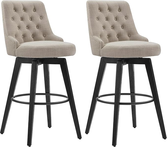 Watson & Whitely Bar Stools, 360° Swivel Upholstered Bar Stool with Back, 30" H Bar Height Barstools, Set of 2, Performance Fabric in Tan