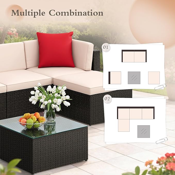 JUMMICO 5 Pieces Patio Furniture Set, Outdoor Sectional Sofa Conversation Sets, Couch Rattan Chair Wicker with Ottoman Cushion, Glass Tea Table and Pillows for Backyard Porch Garden Pool Balcony,Beige