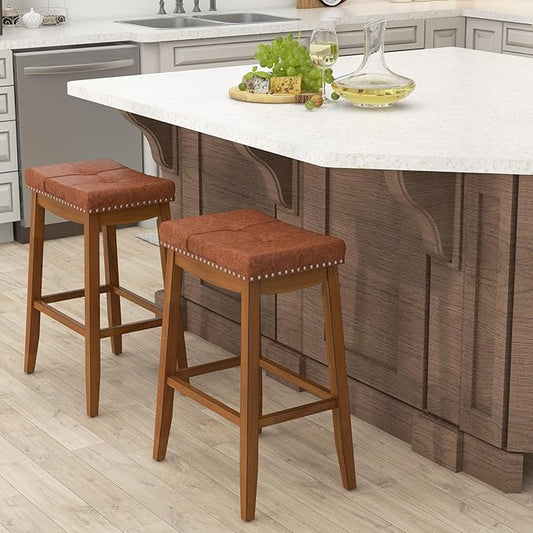 COSTWAY Saddle Bar Stools Set of 2, 29-Inch Bar Height Barstools w/PU Leather Seat, Solid Rubber Wood Frame, Footrest, Mid-Century Backless Bar Stools for Kitchen Island Home Bar