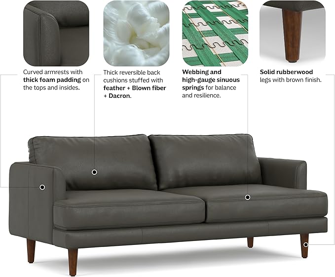 SIMPLIHOME Livingston 76-inch Wide Sofa in Coal Top Grain Genuine Leather, Handcrafted Mid-Century Modern Loveseat for Living Room, Compact 2-Seater with Feather-Wrapped Cushions and Solid Wood Frame