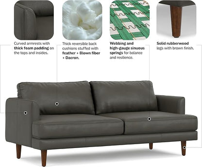 SIMPLIHOME Livingston 76-inch Wide Sofa in Coal Top Grain Genuine Leather, Handcrafted Mid-Century Modern Loveseat for Living Room, Compact 2-Seater with Feather-Wrapped Cushions and Solid Wood Frame