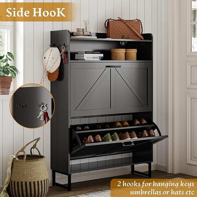 Shoe Storage Cabinet with 2 Flip Drawers, Narrow Wood Shoe Cabinet Storage for Entryway with Metal Legs & Hooks, Adjustable Shelves, Freestanding Shoe Rack Organizer for Foyer, Hallway, Black