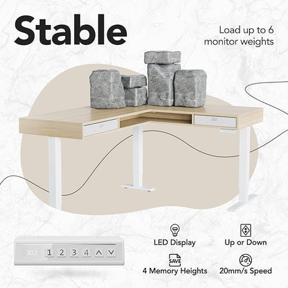 HUANUO Electric L Shaped Standing Desk, 63″ Height Adjustable Corner Standing Desk with 2 Under Desk Drawers & Open Storage Sapce, Stand Up Table with Power Strip Tray & Cable Grommets, Light Walnut