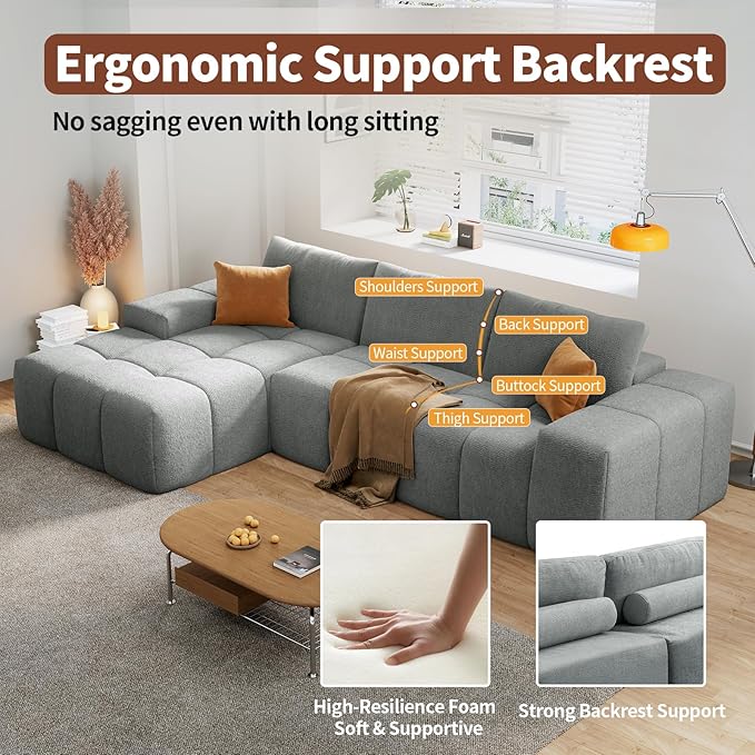 114” Oversized Modular Sectional Couch for Living Room, Chenille Boneless Couch L-Shape Cloud Sofa with Deep Seat and Chaise, Memory Foam Compressed Sofa for Living Room Furniture Bedroom Apartment