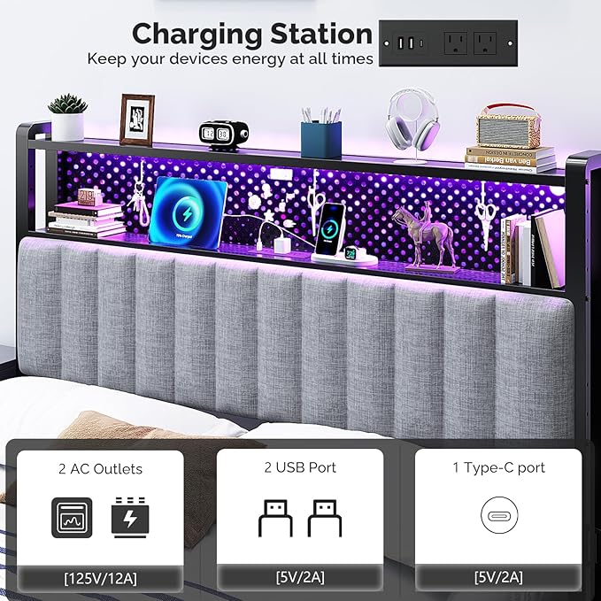VINGLI Full Size Headboard Only, Adjustable Upholstered Headboard with 2 Tier Shelves and Pegboard with Charging Stations and LED Lights, Modern Bed Headboard with Storage for Bedroom Decor