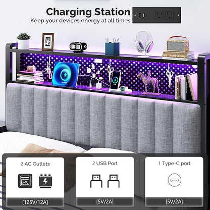 VINGLI Full Size Headboard Only, Adjustable Upholstered Headboard with 2 Tier Shelves and Pegboard with Charging Stations and LED Lights, Modern Bed Headboard with Storage for Bedroom Decor