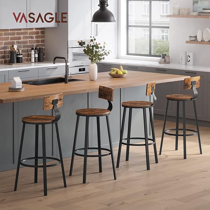 VASAGLE Bar Stools Set of 4, Bar Height Stools, 28.9 Inches Counter Barstools Chairs with Back for Dining Kitchen Island, Steel Frame, Industrial Style, Easy Assembly, Rustic Brown and Ink Black