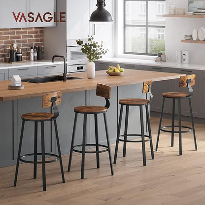VASAGLE Bar Stools Set of 4, Bar Height Stools, 28.9 Inches Counter Barstools Chairs with Back for Dining Kitchen Island, Steel Frame, Industrial Style, Easy Assembly, Rustic Brown and Ink Black