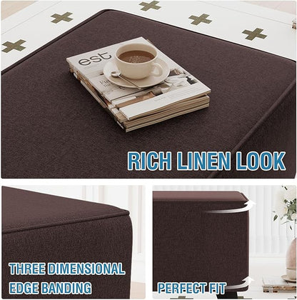H.VERSAILTEX Thick Durable Linen Look Ottoman Cover Square Fit Length 24"-25" Footrest Folding Storage Stool Furniture Protector Soft Slipcover for Living Room with Elastic Bottom - Heather Chocolate