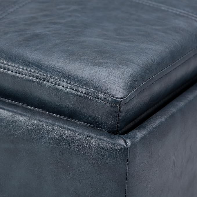 SIMPLIHOME Rockwood 18 inch Wide Contemporary Square Cube Storage Ottoman with Tray in Denim Blue Vegan Faux Leather, Assembled, For the Living Room, Entryway and Family Room