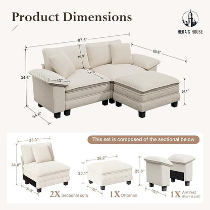 HERA'S HOUSE 88" Modular Sectional Sofa, L Shaped Couches for Living Room, Comfy Cloud Couch with Ottoman, 3-Seater Deep Seat Sofa with Throw Pillow, Corduroy Beige