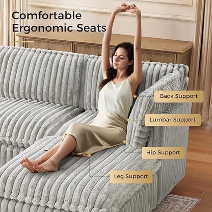 KKL Modular Sectional Couch for Living Room, U Shaped Corduroy Couches with 2 Ottomans, 6 Seater Oversized Sofa Convertible to Sleeper, Soft Fabric Modern Sofa, Grey