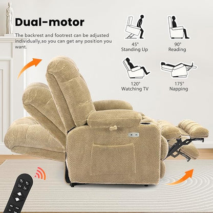 EONIX Dual Motor Lay Flat Lift Chairs Recliner, Power Lift Recliner Chair for Elderly and Adults, 400lbs Heavy Duty Chair Lift with Cup Holders, Charging Ports, Heat and Massage, Beige