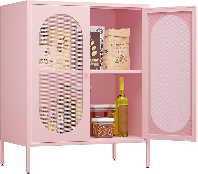 Display Cabinets with 2 Mesh Doors，Small Pantry Cabinet, Storage Closet with Adjustable Shelf and High Feet, Pink Cabinet for Home, Office, Living Room,Dining Room,Sideboard, Hallway and Entryway