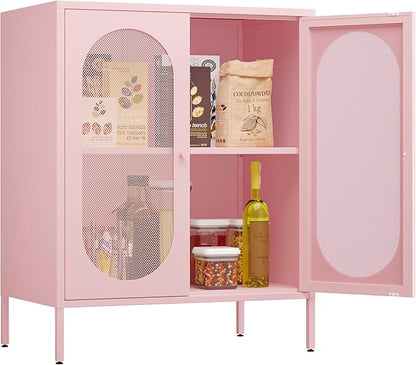 Display Cabinets with 2 Mesh Doors，Small Pantry Cabinet, Storage Closet with Adjustable Shelf and High Feet, Pink Cabinet for Home, Office, Living Room,Dining Room,Sideboard, Hallway and Entryway