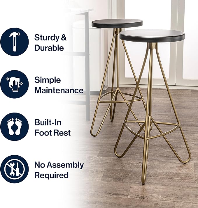 JONATHAN Y BSL1002A Trinity 30" Modern Industiral Iron Tripod Backless Bar Stool for Home, Kitchen, Dining Room, Workspaces, Cafes and Resturants, Black Seat with Gold Frame