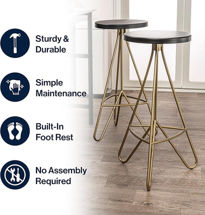 JONATHAN Y BSL1002A Trinity 30" Modern Industiral Iron Tripod Backless Bar Stool for Home, Kitchen, Dining Room, Workspaces, Cafes and Resturants, Black Seat with Gold Frame