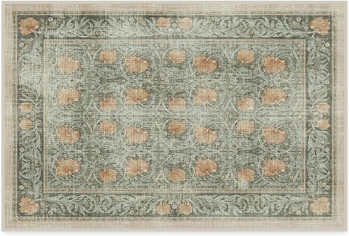 RUGGABLE x Morris & Co Machine Washable Area Rug – Pimpernel Vintage Green 2x3, Stain-Resistant, Non-Slip – Small Rugs for Living Room, Bedroom, Hallway, Entryway & Bathroom–with Cushioned Pad