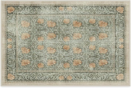RUGGABLE x Morris & Co Machine Washable Area Rug – Pimpernel Vintage Green 2x3, Stain-Resistant, Non-Slip – Small Rugs for Living Room, Bedroom, Hallway, Entryway & Bathroom–with Cushioned Pad