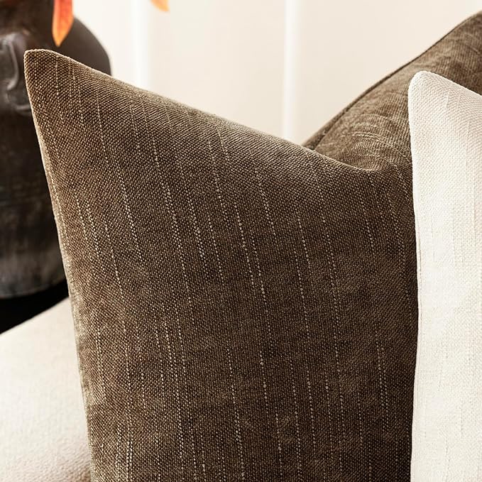 Foindtower Pack of 2 Soft Textured Chenille Throw Decorative Pillow Covers Square Accent Solid Cushion Cover Neutral Farmhouse Pillow Case for Couch Sofa Bedroom Living Room 16x16 Inch,Taupe Brown