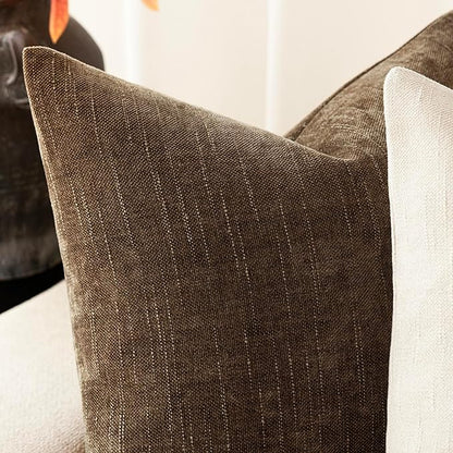 Foindtower Pack of 2 Soft Textured Chenille Throw Decorative Pillow Covers Square Accent Solid Cushion Cover Neutral Farmhouse Pillow Case for Couch Sofa Bedroom Living Room 16x16 Inch,Taupe Brown