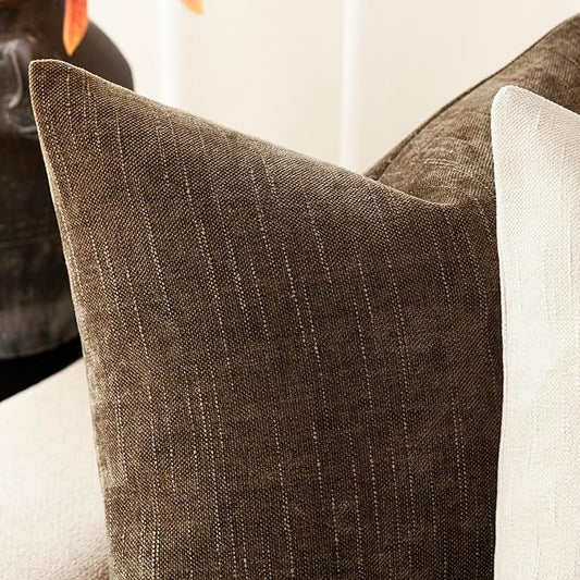 Foindtower Pack of 2 Soft Textured Chenille Throw Decorative Pillow Covers Square Accent Solid Cushion Cover Neutral Farmhouse Pillow Case for Couch Sofa Bedroom Living Room 16x16 Inch,Taupe Brown