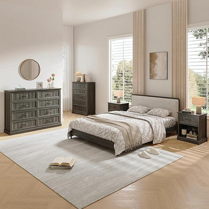 Farmhouse Dresser and Nightstand Sets, 4Pcs Bedroom Furniture Set, Nightstand Set of 2 & 55" Wide 8 Drawer and 44" Tall 5 Drawer Dresser with Large Drawers & Bar Handles, Grey