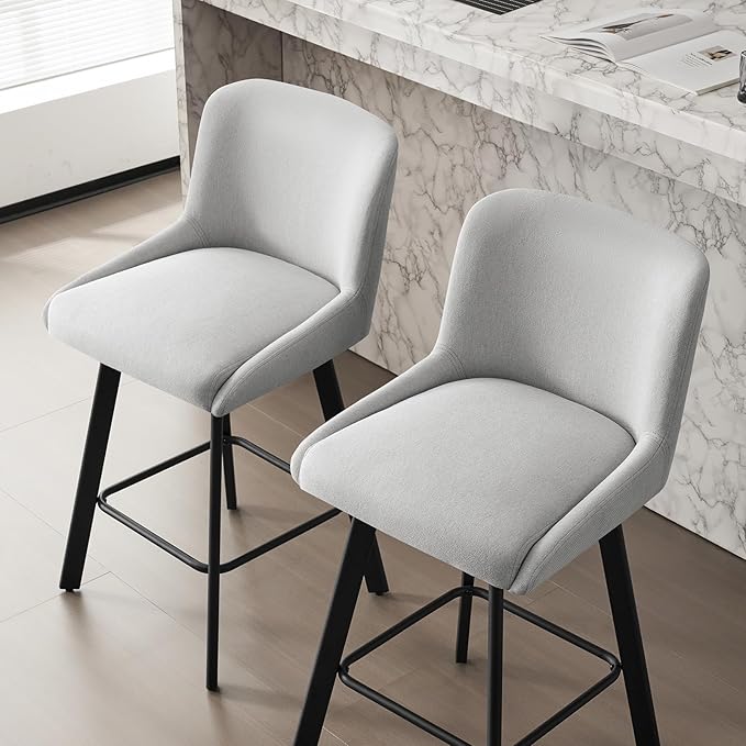Swivel Bar Stools Set of 4, 26''H Upholstered Barstools with Backs, Modern Counter Height Bar Stool Chairs for Kitchen Island, Metal Legs, Fabric, Light Gray Counter Stools