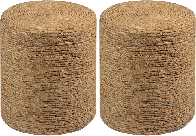 Wimarsbon Round Pouf Ottomans, Handwoven Natural Water Hyacinth Seagrass Pouffe,Outdoor Rattan Stool Accent Seat, Bohemian Coastal Home Decor (2pcs 14inch Natural Cattail)