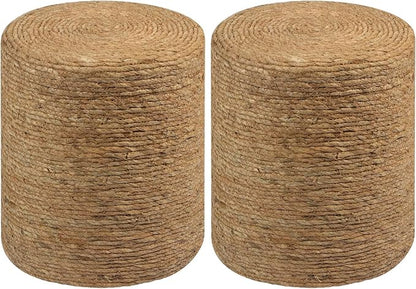 Wimarsbon Round Pouf Ottomans, Handwoven Natural Water Hyacinth Seagrass Pouffe,Outdoor Rattan Stool Accent Seat, Bohemian Coastal Home Decor (2pcs 14inch Natural Cattail)