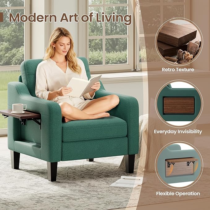 Accent Chair for Living Room Modern Linen Upholstered Armchair Side Wooden Fabric Sofa Chair with Foldable Table 2 Side Pockets Comfy Reading Chair for Bedroom