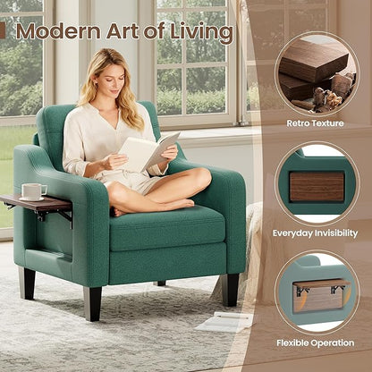 Accent Chair for Living Room Modern Linen Upholstered Armchair Side Wooden Fabric Sofa Chair with Foldable Table 2 Side Pockets Comfy Reading Chair for Bedroom