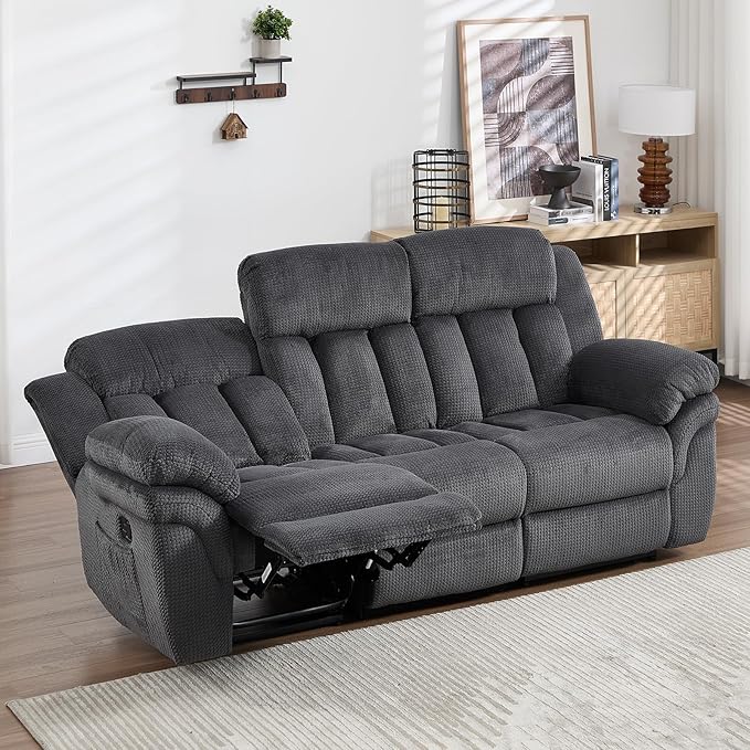 CANMOV Recliner Sofa Set, Manual Reclining Sofa with Overstuffed Armrest for Living Room,Bedroom Furniture,Office,3 Seat Grey