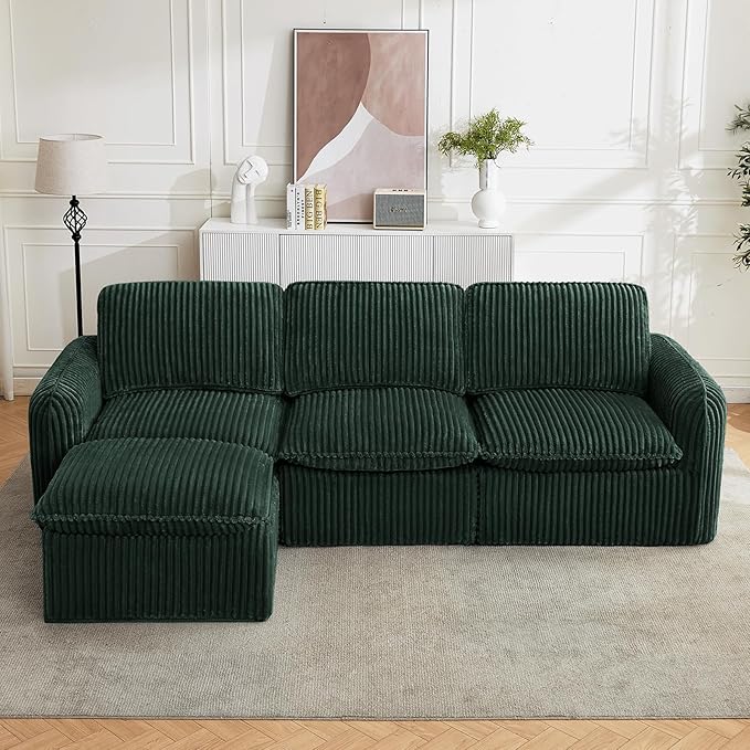 110'' Boneless Modular Cloud Couch for Living Room, Comfy Cloud Modular Sectional Couch with Ottoman, Convertible L Shaped Couches for Apartment, Dorm, No Assembly Required, Green Corduroy