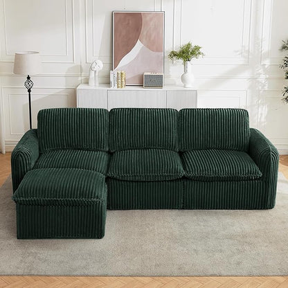110'' Boneless Modular Cloud Couch for Living Room, Comfy Cloud Modular Sectional Couch with Ottoman, Convertible L Shaped Couches for Apartment, Dorm, No Assembly Required, Green Corduroy