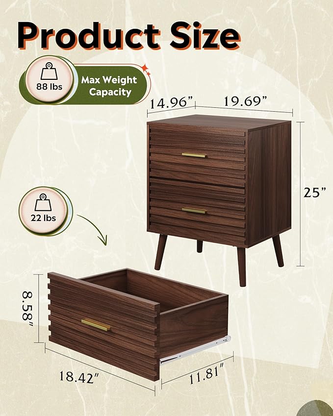 WLIVE Wood Night Stand with 2 Drawers, Mid Century Modern Nightstand, Fluted Bed Side Tablefor Bedroom, Dorm, Living Room End Table