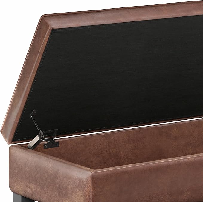 SIMPLIHOME Cosmopolitan 44 inch Wide Transitional Rectangle Storage Ottoman Bench with Open Bottom in Distressed Saddle Brown Vegan Faux Leather, Assembled for the Living Room and Bedroom