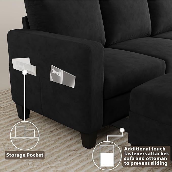 Sectional Sofa and Couches for Living Room, 78'' Black 3 Seat L-Shaped Couch with Movable Ottoman, Comfy Velvet Convertible Sectionals Sofas with Chaise for Apartment, Office, Small Space